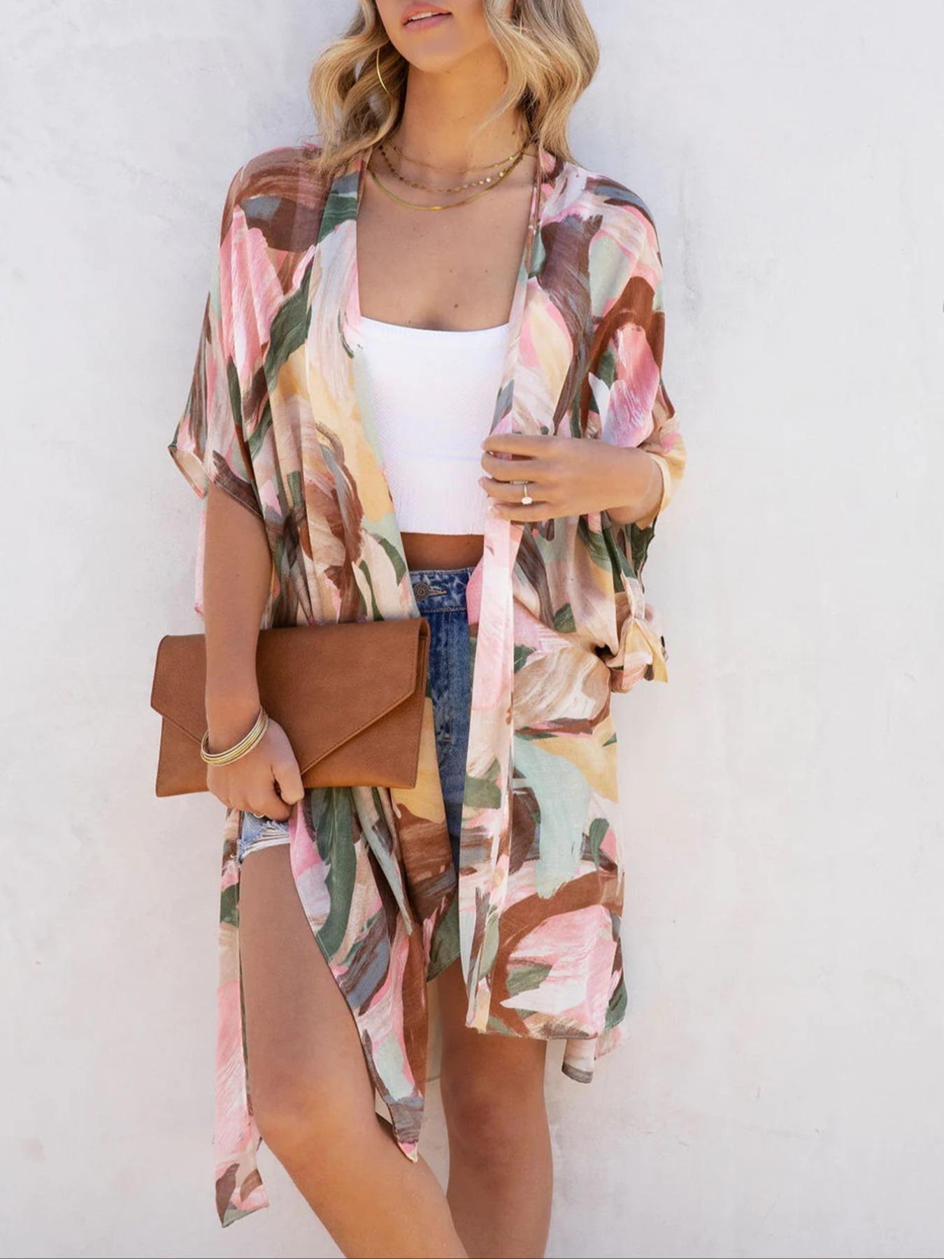 Women's All Over Print Batwing Sleeve Kimono, Casual Open Front Kimono, Ladies Summer Swimwear for Beach Vacation Holiday, Bold Colors and Designs, Womenswear