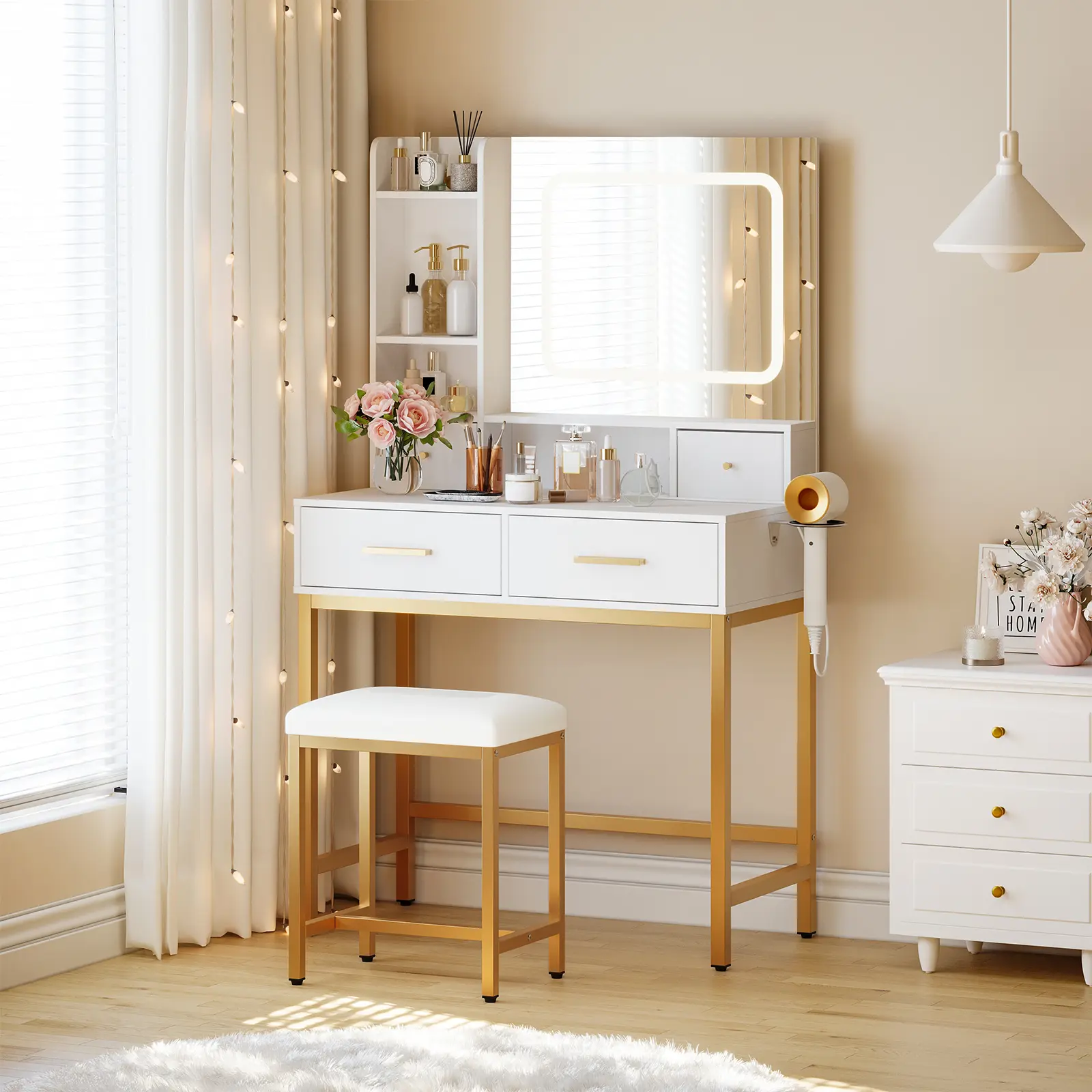 Modern Makeup Vanity Desk Set with 3-Tone Dimmable LED Mirror & Stool – Bedroom Dressing Table with 4 Storage Drawers, Side Shelves & Built-in Power Station