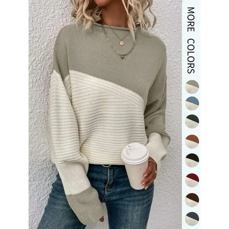 Women's Colorblock Drop Shoulder Sweater, Casual Long Sleeve Round Neck Jumper, Knitwear for Daily Wear, Tops