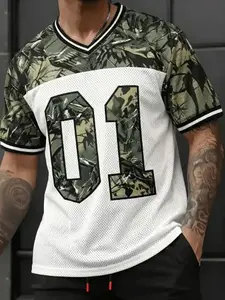 Men's Camo Patchwork No.01 Mesh Football Jersey, Streetwear V-Neck Short Sleeve Top, Y2K Hunting Camo Sport Aesthetic & Quick Dry Breathable Fabric, Versatile Daily Streetwear Athletic Top for Men