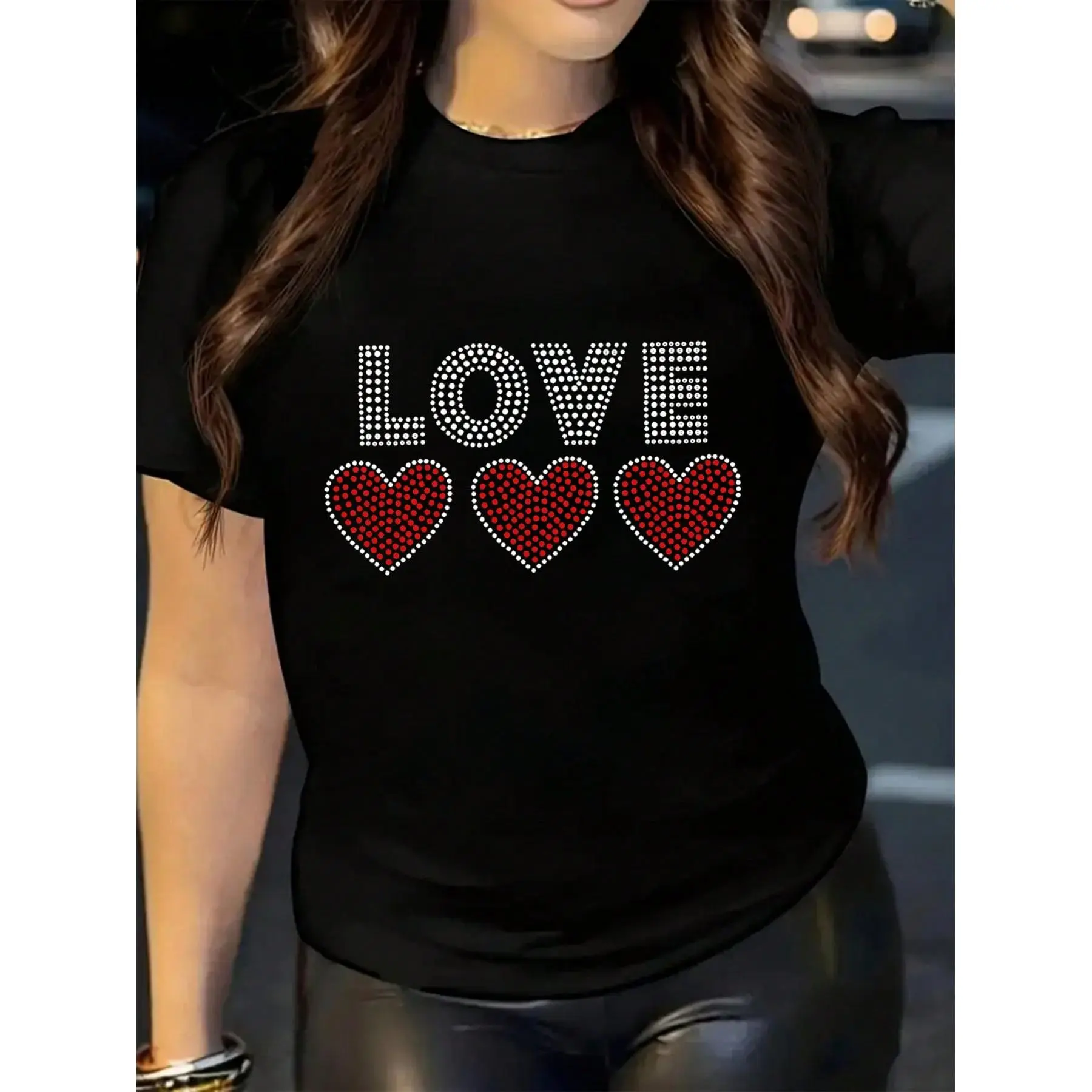 Women's Rhinestone Heart Print T-Shirt - Sparkling LOVE Lettering & 3D Rhinestone Hearts, Short Sleeve Round Neck Casual Top, Valentine's Day Gift, Anniversary Party Wear, Machine Washable (BlackRedPink) - A-Line Fit Spring Summer