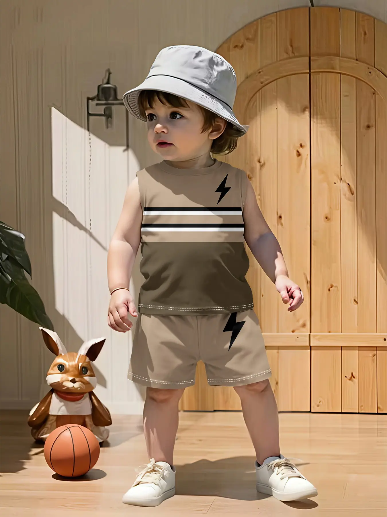 Simple Casual Sportswear Set for Baby Boys, Khaki Brown Gradient Striped Lightning Pattern, Stylish and Cute Daily & Outdoor Sports T-shirt Outfit, Perfect Gift for Infants