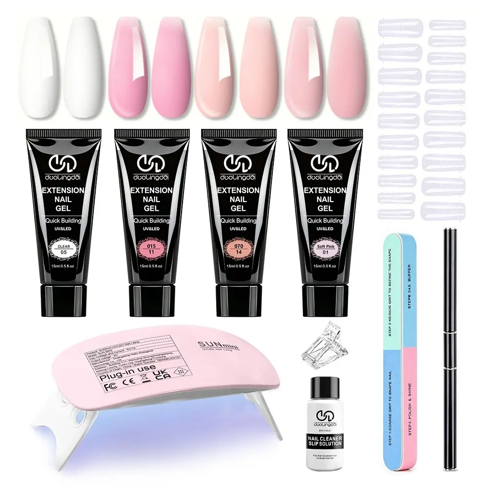 Duolingdai 4 Color Nail Extension Gel Set, 15ML Each, Includes Mini UV Lamp, Cleaning Liquid, Forms, Tools, Perfect for DIY Nails at Home