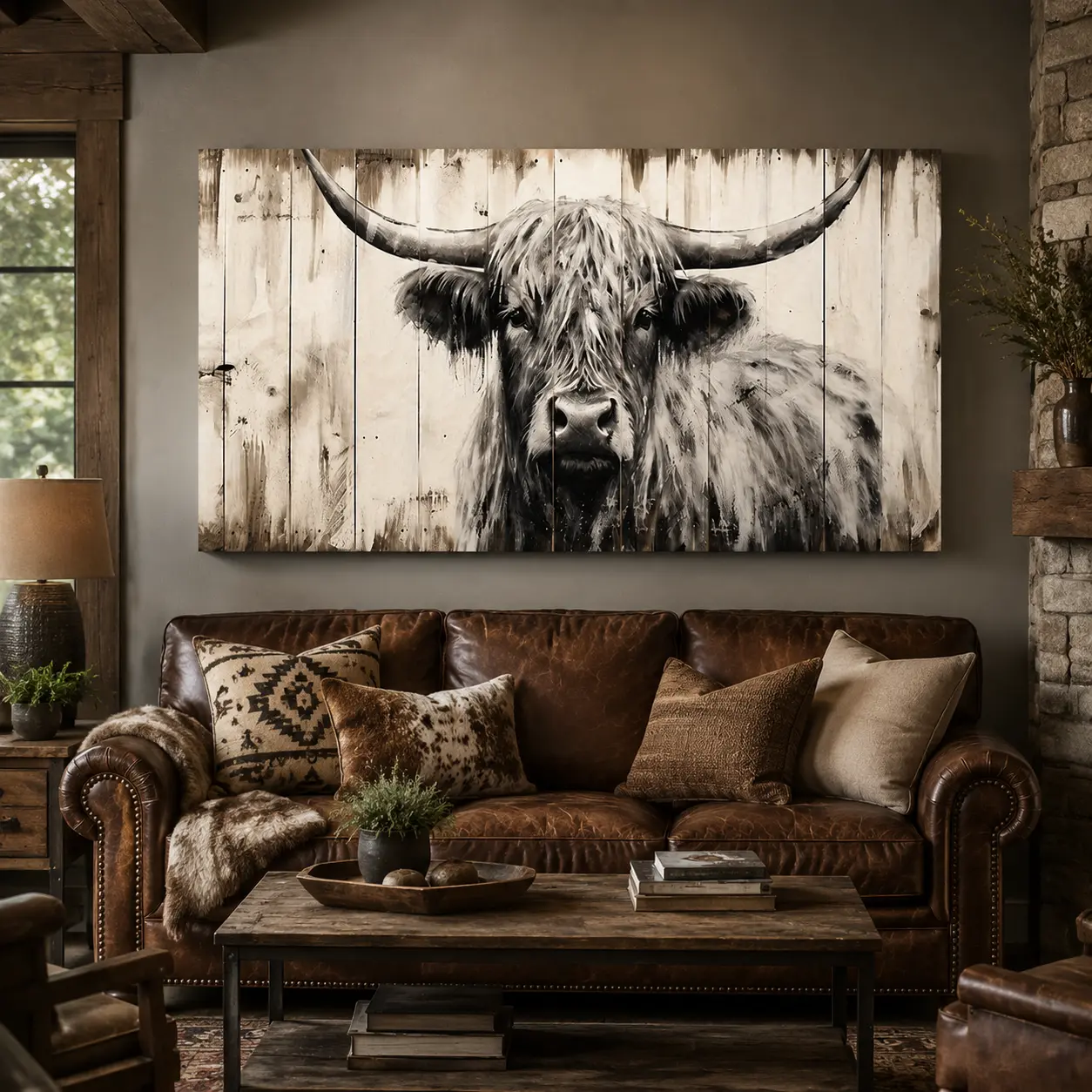 Highland Cow Canvas Wall Art |   Monochrome Farmhouse Decor, Rustic Vintage Animal Print for Living Room, Bedroom & Office