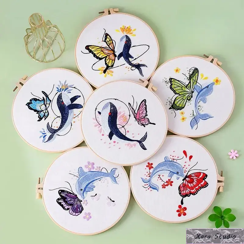 Whale & Butterfly Embroidery DIY Kit - Beginner-Friendly Easy-Use Craft Set, No Prior Experience Needed, with Printed Fabric, Hand Embroidery Hoop, Plastic & Stainless Steel Supplies for Home Decor & Gifting