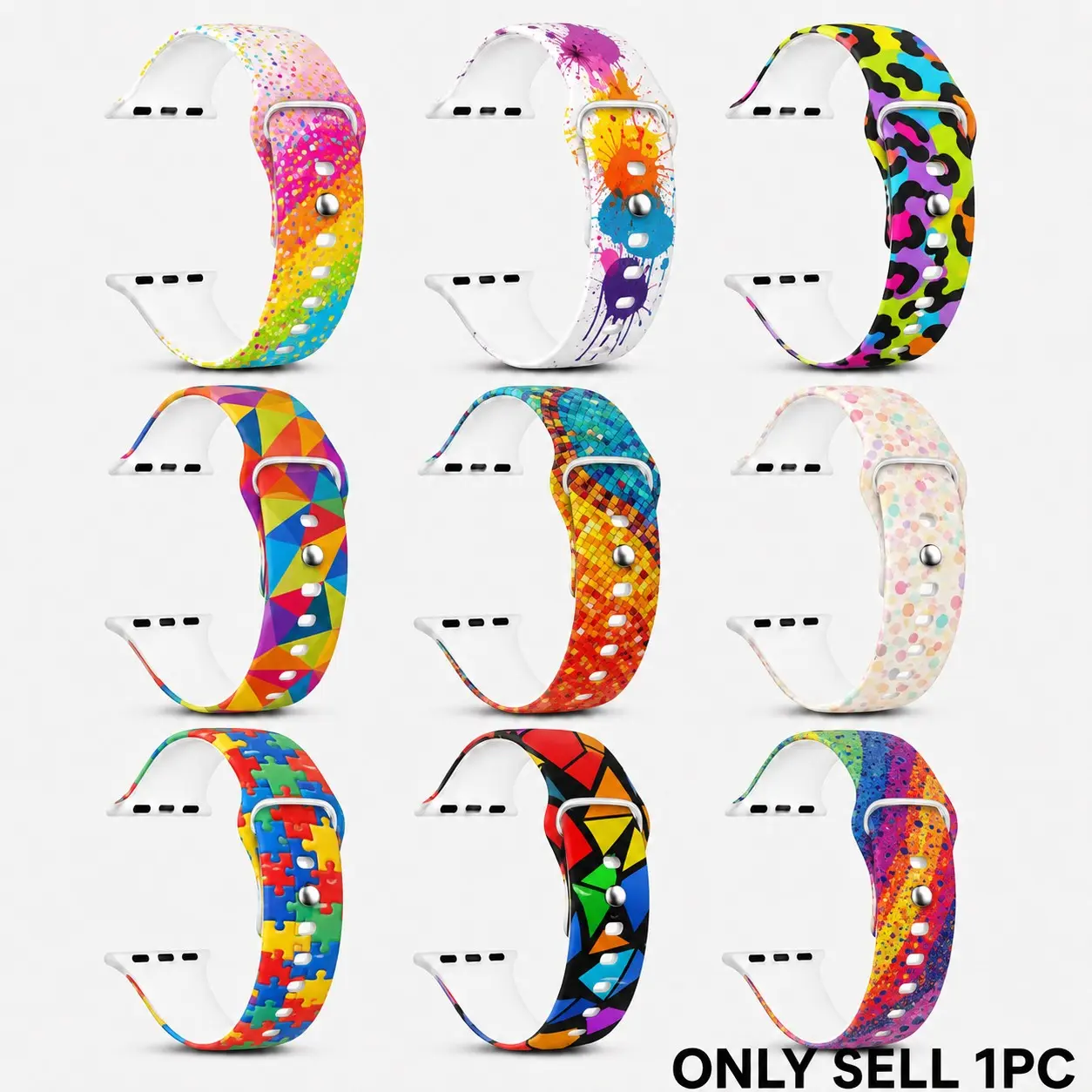Rainbow Neon Leopard Mosaic Splatter Geometric Jigsaw Silicone Sport Band, Smart Watch Straps, Smartwatch Strap, Breathable Waterproof Strap for Apple Watch Series 4-10 SE 1-2 Ultra 1-3 Unisex, Summer Festival Rave Party Pride Month Birthday Gift