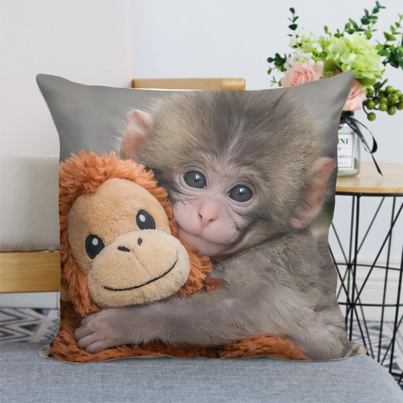 Punch Monkey pattern Throw Pillowcase,Emotional Support Animal Lover Gift,Baby Monkey Hugging Plush Monkey Cover Throw Pillow Single-sided printing Linen Material ,no pillow insert,Bedroom Sofa Decorations.