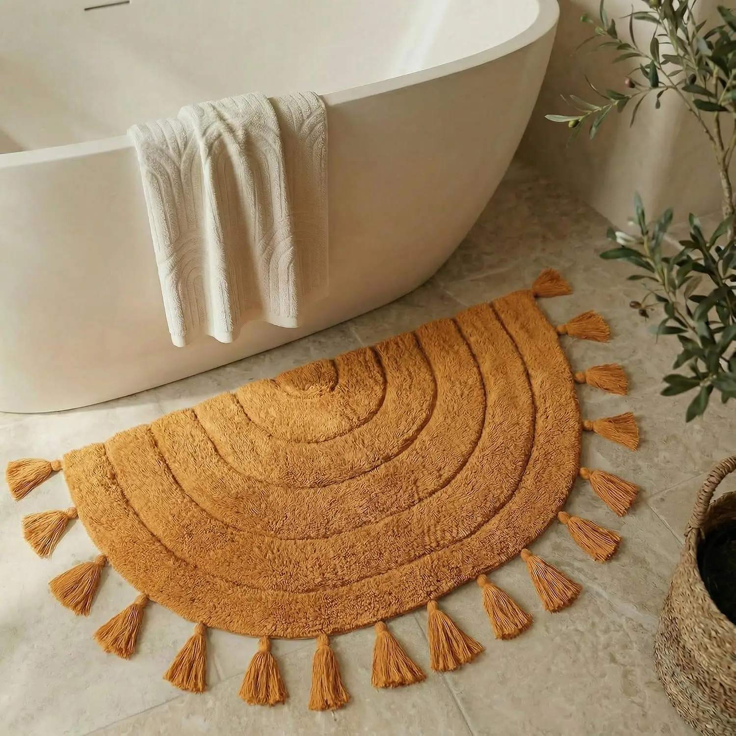 Beautiful Boho Rug with Tassels for Your Bathroom - Soft Half Circle 100% Cotton Mat Fits Perfectly Into Your Home - A Cute, Non-Slip and Absorbent Crochet Rug Ideal to Enhance Any Bath/Bedroom Decor