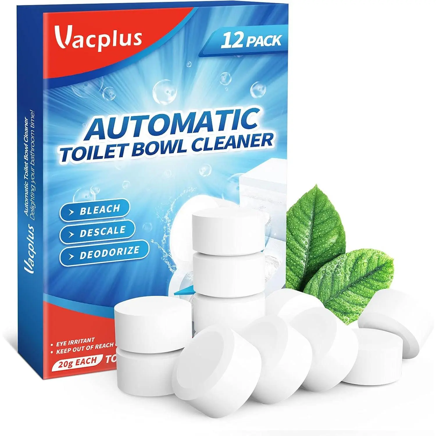 Toilet Bowl Cleaner Tablets with Bleach, 12 Pack – Automatic Toilet Tank Cleaner for Deodorizing, Descaling, and Tough Stain Removal