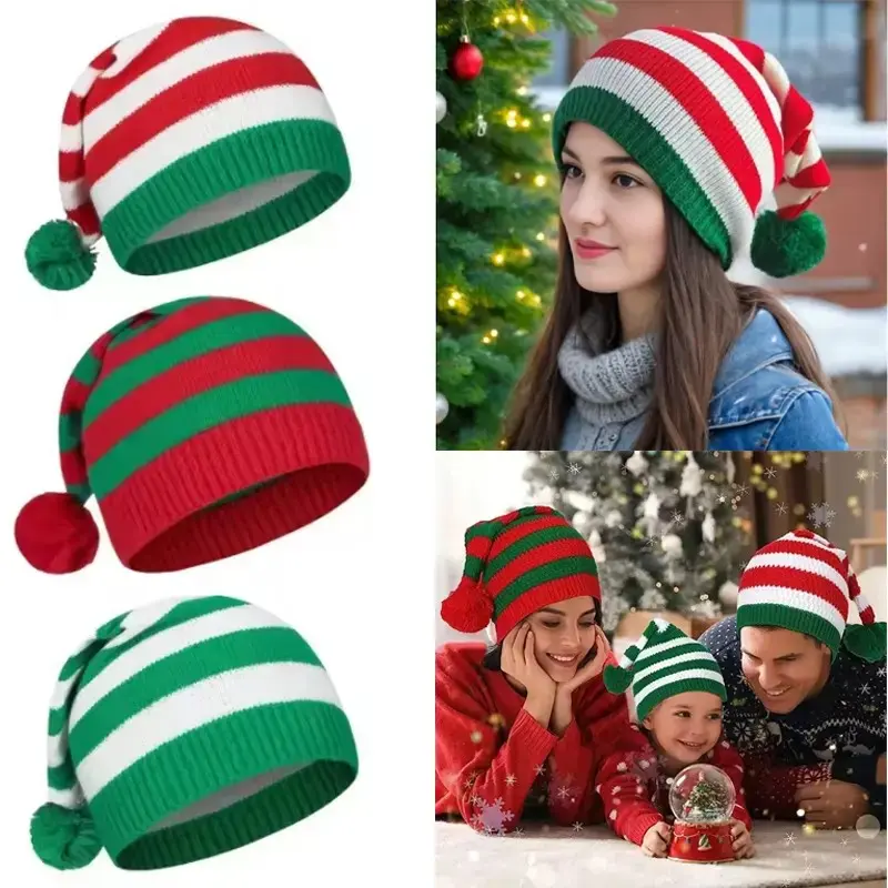 1-10PCS Christmas Elf Hat Unisex Long-Tail Knitted Beanie with Jumbo Pom Pom for Holiday Parties Winter Accessories