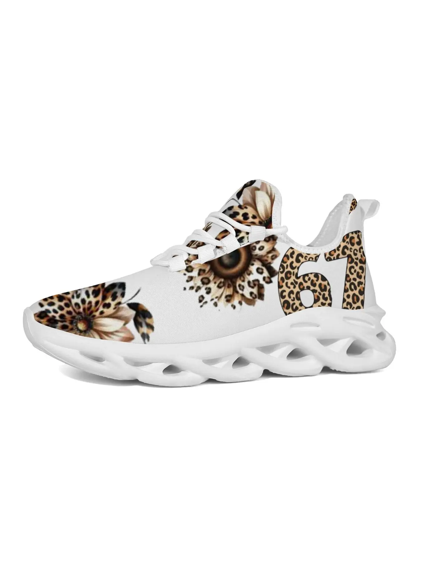 Fashion Leopard Sunflower Number 67 Print Women Chunky Platform Sneakers, White Mesh Breathable Hollow Out Blade Walking Shoes, Lightweight Non Slip Lace Up Casual Athletic Running Trainers for Daily Outdoor