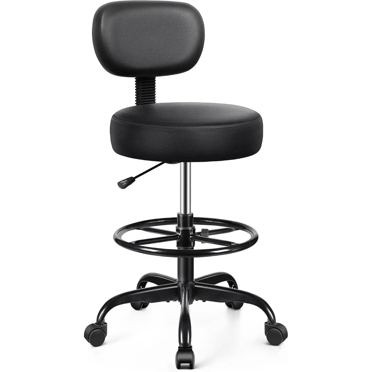 Drafting Chair with Backrest – Adjustable Foot Rest Rolling Stool with Wheels, PU Leather Swivel Stool for Office  Studio Lab Counter Salon  Work Bar Kitchen Shop(Black)