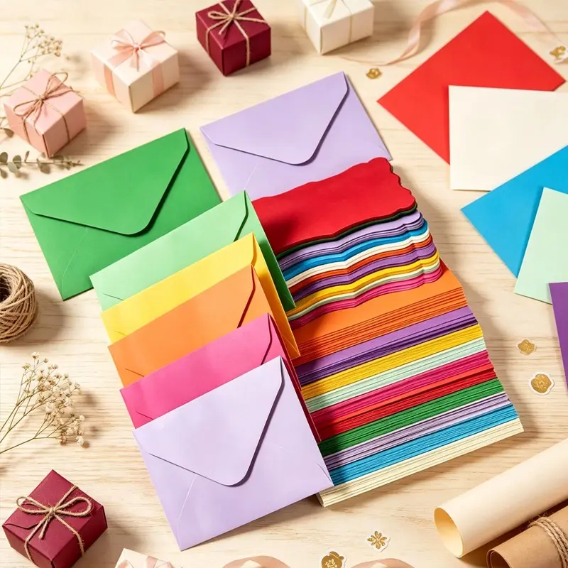 100 Piece Set - 50 Mini Colorful Western Envelopes + 50 Wavy Edge Cards, Self-Adhesive Seals, Random Colors, Perfect for Holidays, Parties, Weddings