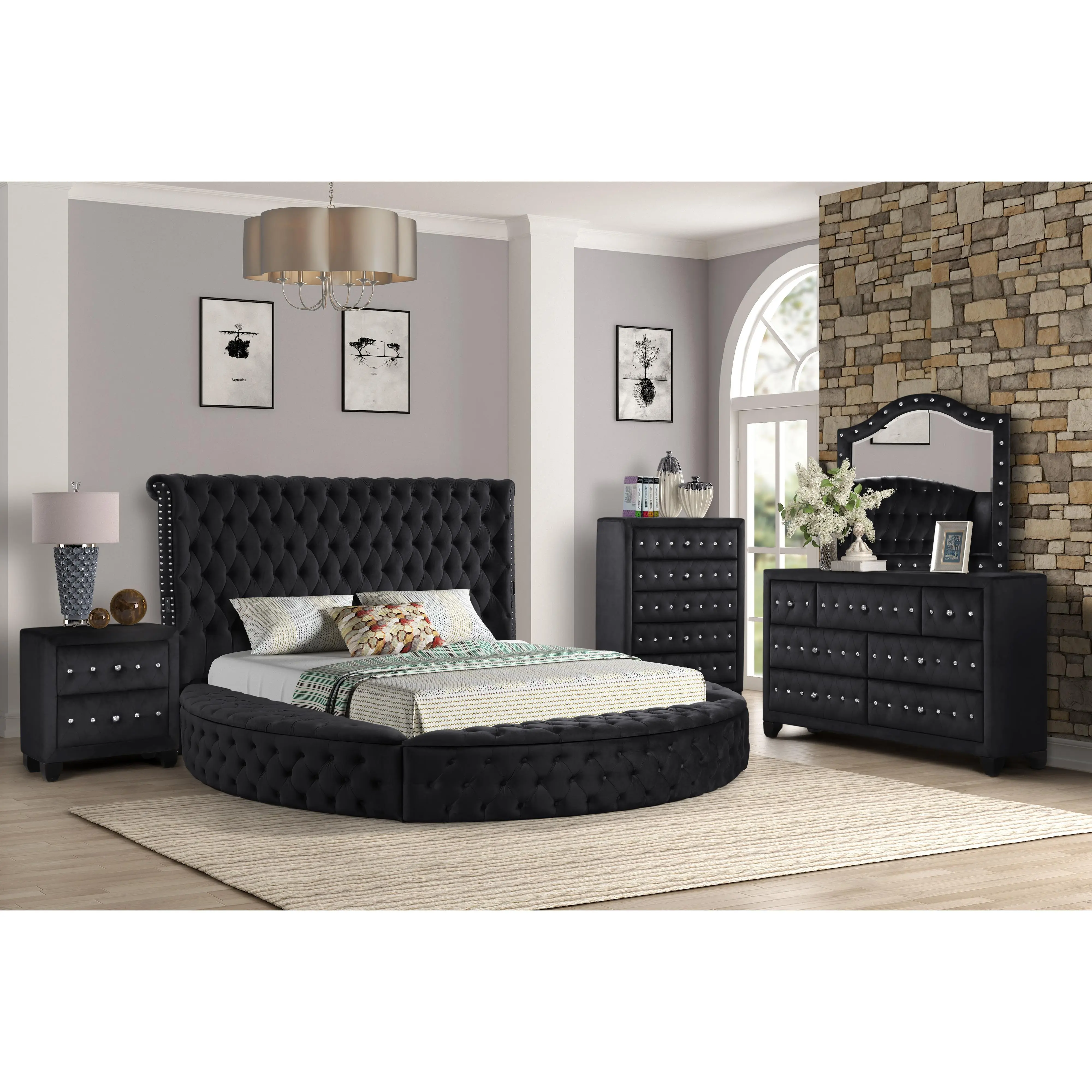 Queen 4-Piece Bedroom Set with Velvet Tufted Upholstered Bed, Nightstand, Dresser, Mirror and Chest, Black