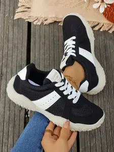 Women's Patchwork Casual Sneakers, Round Toe Low Top, Comfortable Laces, PU Upper, Rubber Sole, All Season, Daily Wear