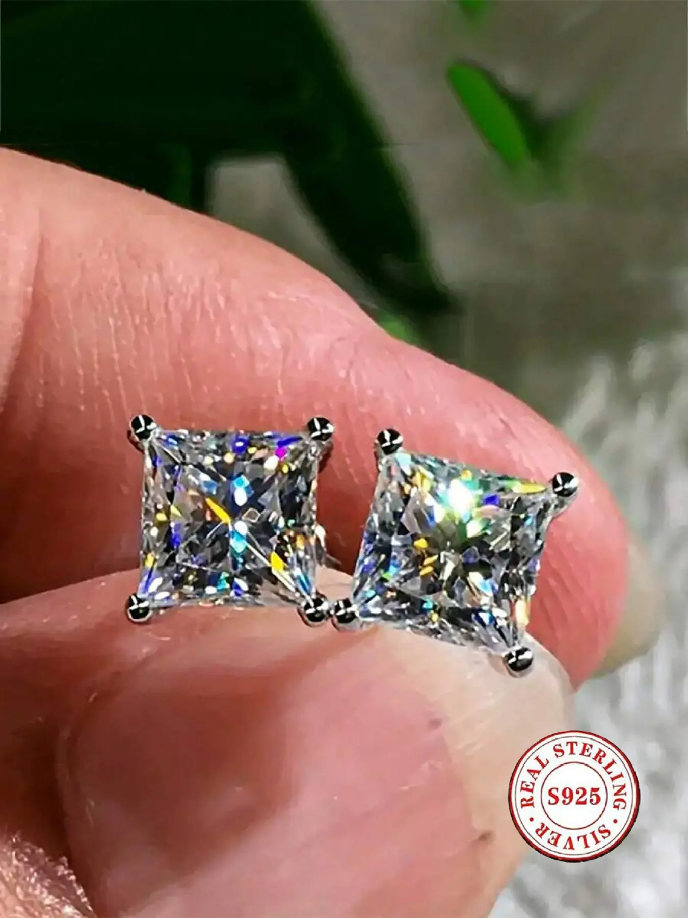 S925 Sterling Silver Princess Cut Cubic Zirconia Stud Earrings, 4‑Prong Square CZ Hypoallergenic Earrings for Men Women Daily Party Jewelry Gift