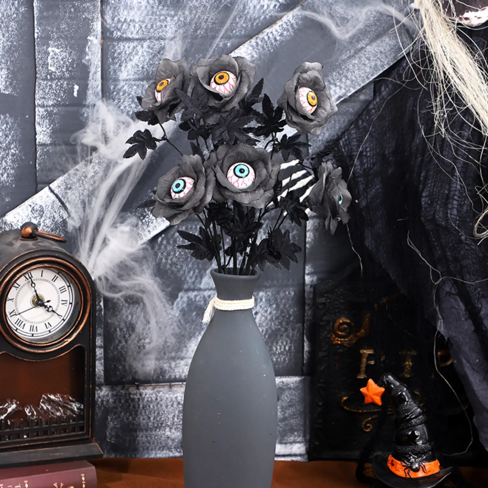 Halloween Artificial Flower Bouquet - Spooky Eyeball Grey Rose, Black Maple Leaf Fake Floral Arrangement, Creepy Decor, Gothic Horror Realistic Eyes Stem, Reusable Indoor Table Centerpiece for Vase Party Decor, Decorative