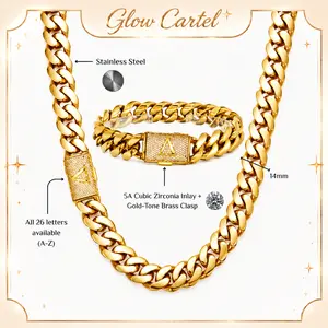 Luxury Gold Stainless Steel Miami Cuban Link Necklace & Bracelet Set for Men, 14MM Heavy Cuban Chain Set with A-Z Cubic Zirconia Initial Clasp - Men's Accessories, Beach Essentials, Chains for Men,Hip Hop Style, High-End necklace