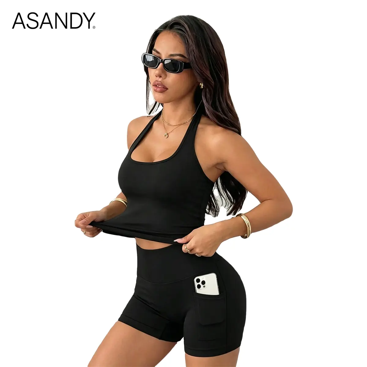 ASANDY Women's 2-Piece Sportswear Set, Halter Tank Top & Cargo Pocket Shorts, Elastic Fit, Sporty Chic Gym Activewear (Athletic Short Set for Workouts), Athletic Two-Piece Set Women's Sportswear Set