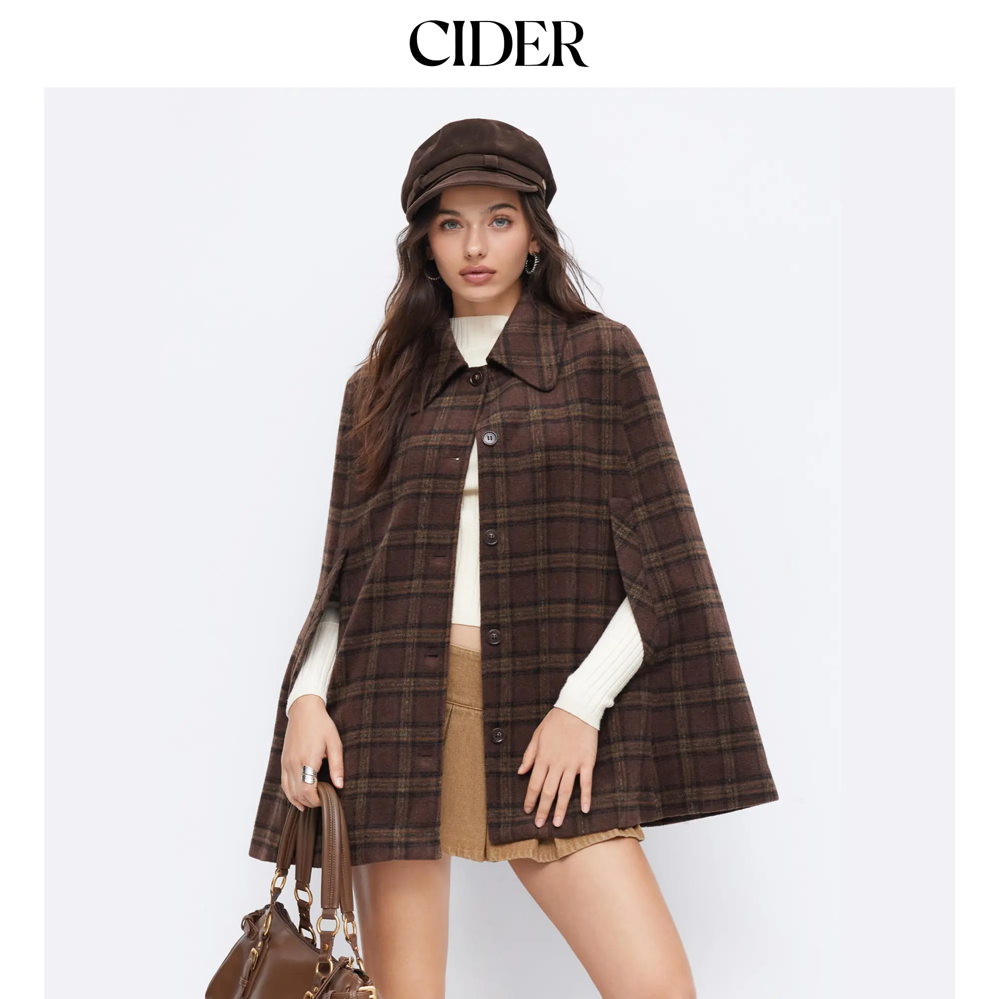 Cider Wool-Look Collar Plaid Cloak Sleeve Oversized Coat SummerFinds