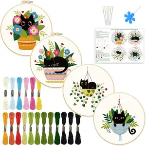 Beginner-Friendly Embroidery Kit, Cute Cat and Plant Patterns, Includes Thread, Tools, Instructions, Ideal for Adults and Sewing Enthusiasts, Embroidery Kit For Beginners
