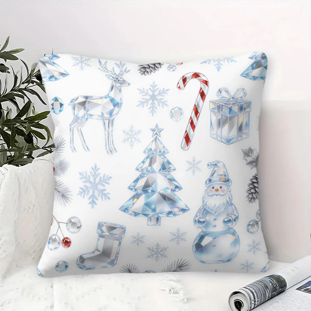 Festive Vibe Christmas Throw Pillow, Machine Washable, Trendy Print with Various Christmas Elements, Plush Soft Filling, Sofa Decorative Cushion for Christmas Decor (Pillow Insert Included, Removable Cover)