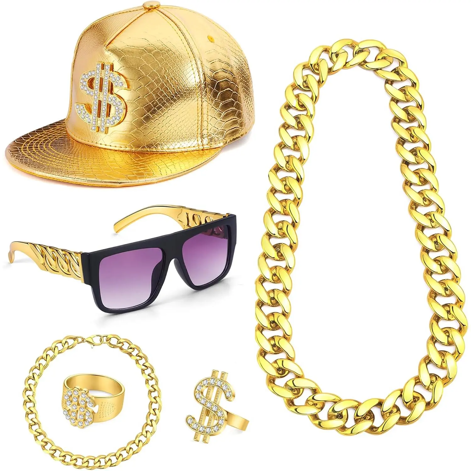 6Pcs 80s 90s Hip Hop Costumes Kit Rapper Accessories Outfits