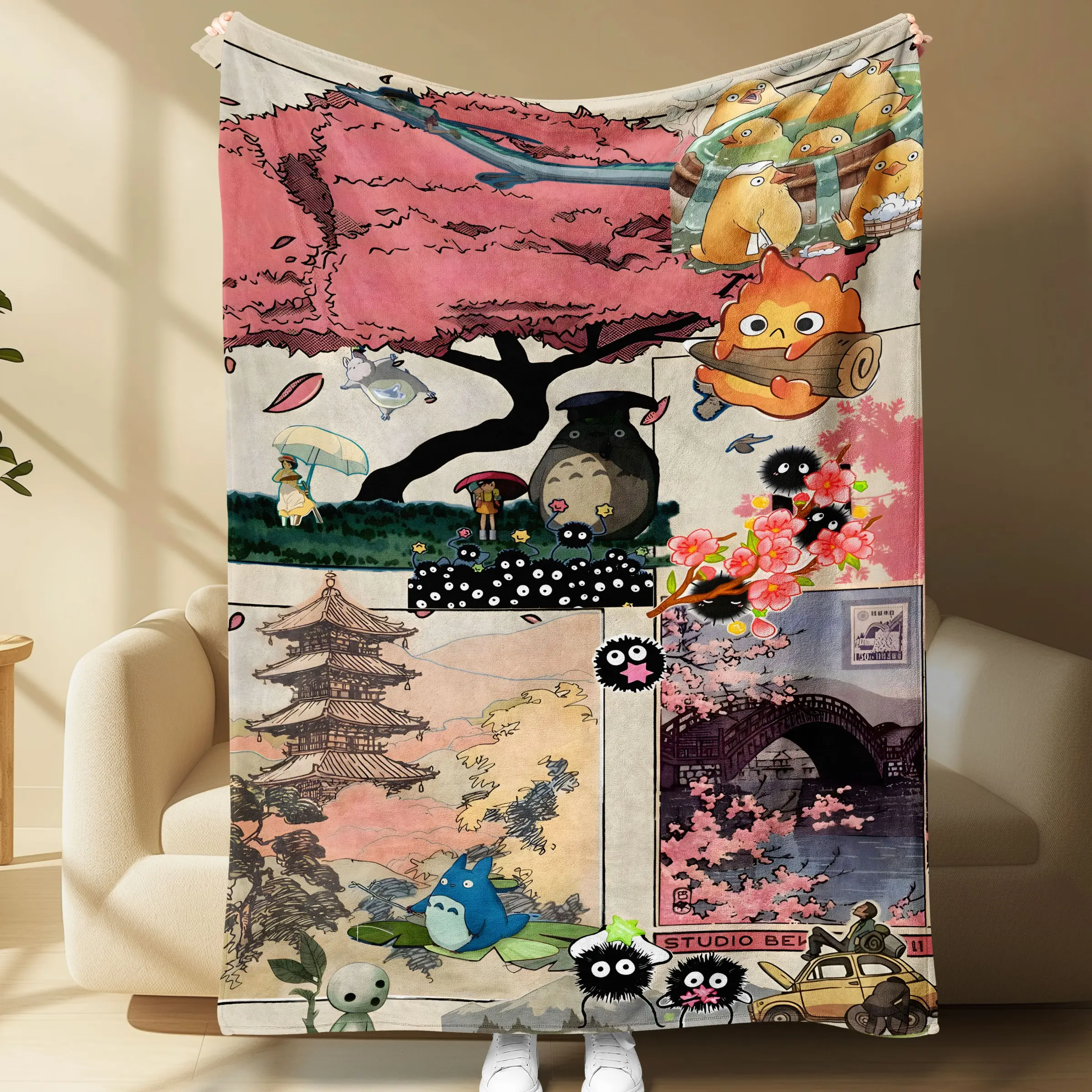 Cute Anime Forest Flannel Throw Blanket, Totoro Soot Sprites Cherry Blossom, Soft Cozy Warm for Couch Sofa Bed, Home Decor Halloween Gift