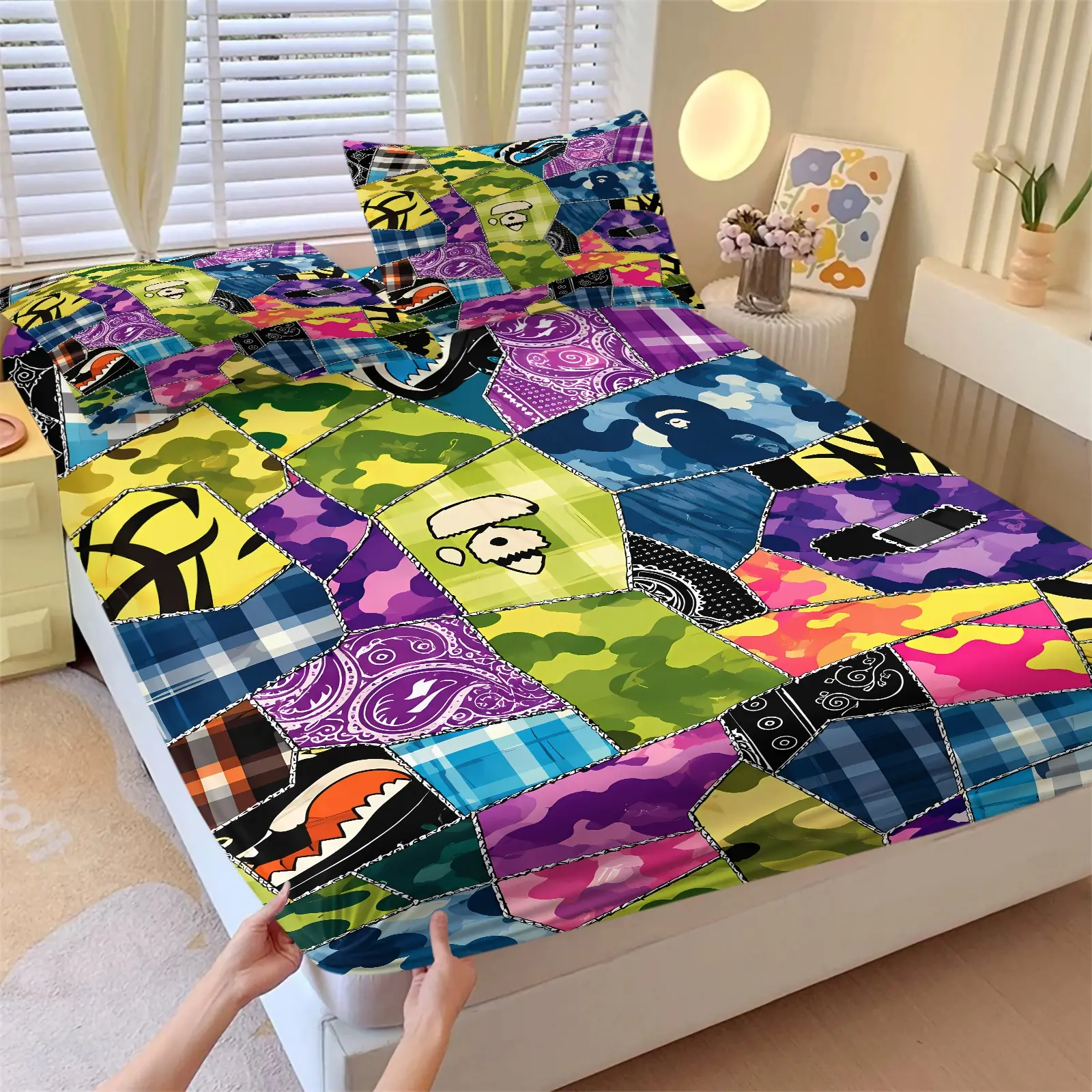 Vibrant Multi‑Color Patchwork Shark Print Fitted Sheet Set, 1 Fitted Sheet & 2 Pillowcases, Rainbow Camouflage Plaid Paisley Bandana Print Bedding Set, Deep Pocket Non‑Slip Elastic Mattress Sheet, Street‑Style Decor Bedroom, Boho Sheets