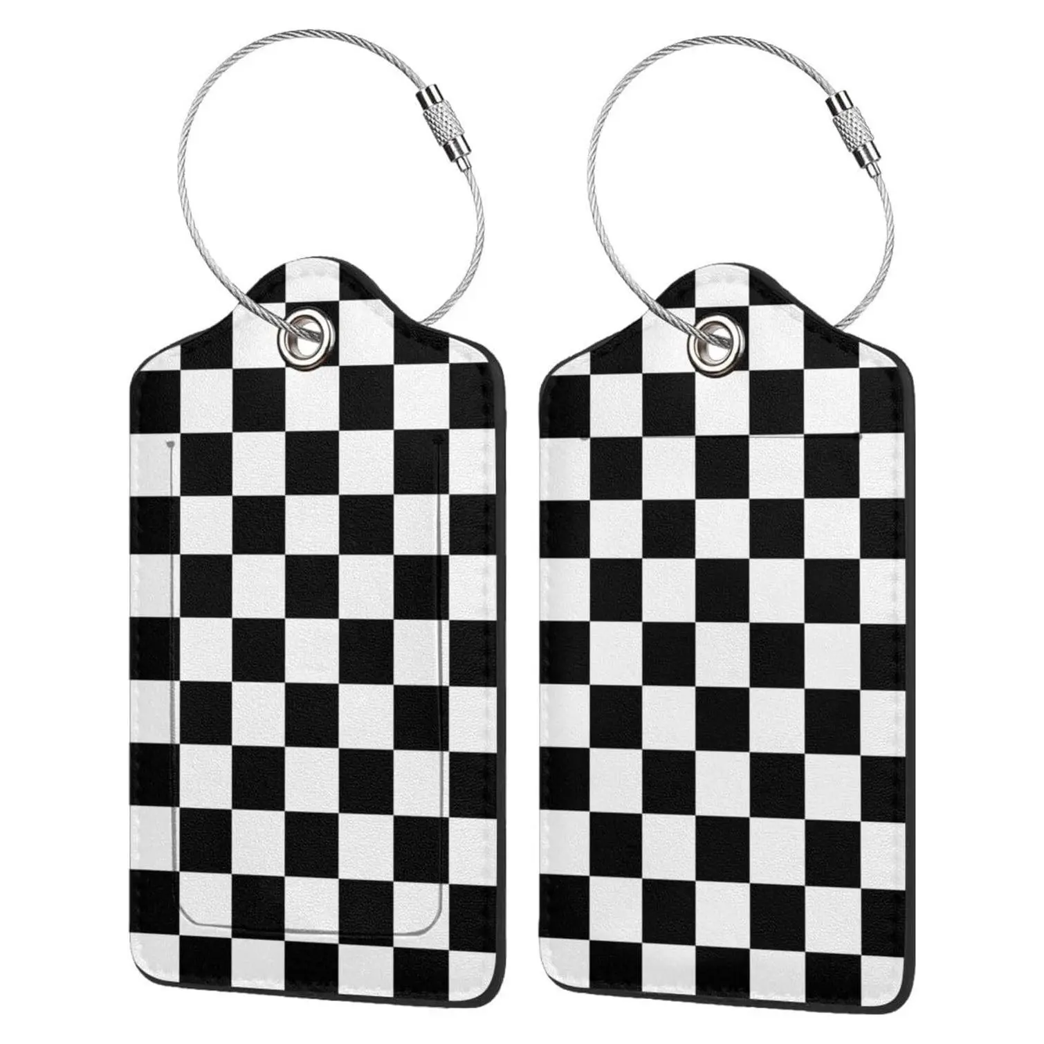 2 Pack Black White Checkered Flag Luggage Tags with Privacy ID Cover, Stainless Steel Loop & Address Card for Travel Bags Suitcases, Funny Cute for Men Women KidsGift