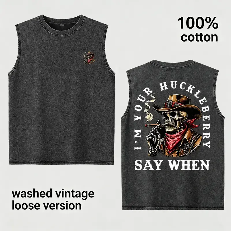 I'm Your Huckleberry Tank Top Men's 100% Cotton Sleeveless T-Shirt Vintage Washed Cowboy Skull Graphic Muscle Vest Loose Fit Gym Tee Streetwear Say When, Western Movie Birthday Anniversary Gift for Husband Boyfriend
