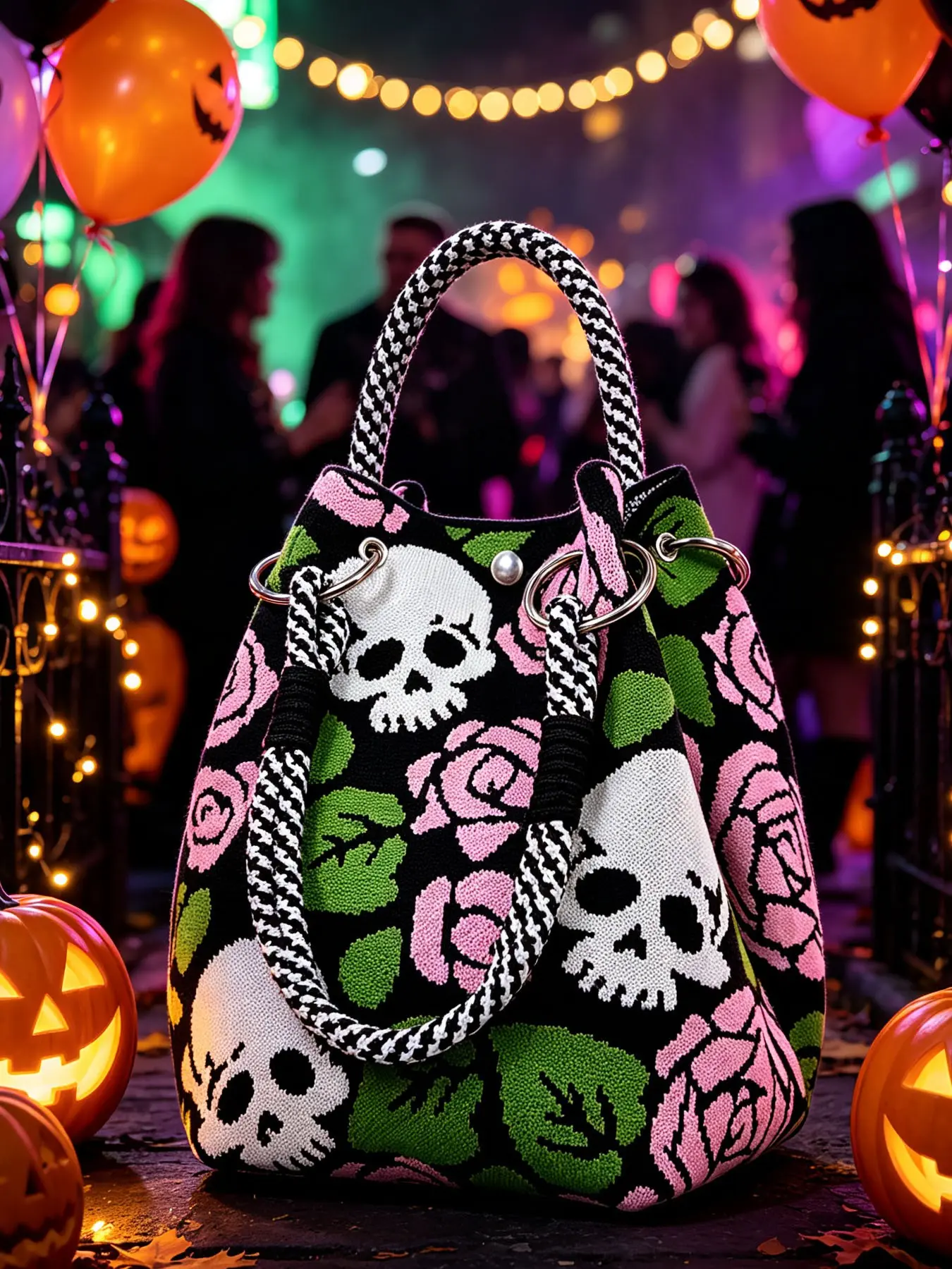 Halloween Skull & Rose Pattern Knitted Tote Handbag, Large Capacity Gothic Shoulder Bag, Spooky Festival Top-Handle Purse, Trendy Campus Accessory for College Students Back to School Season