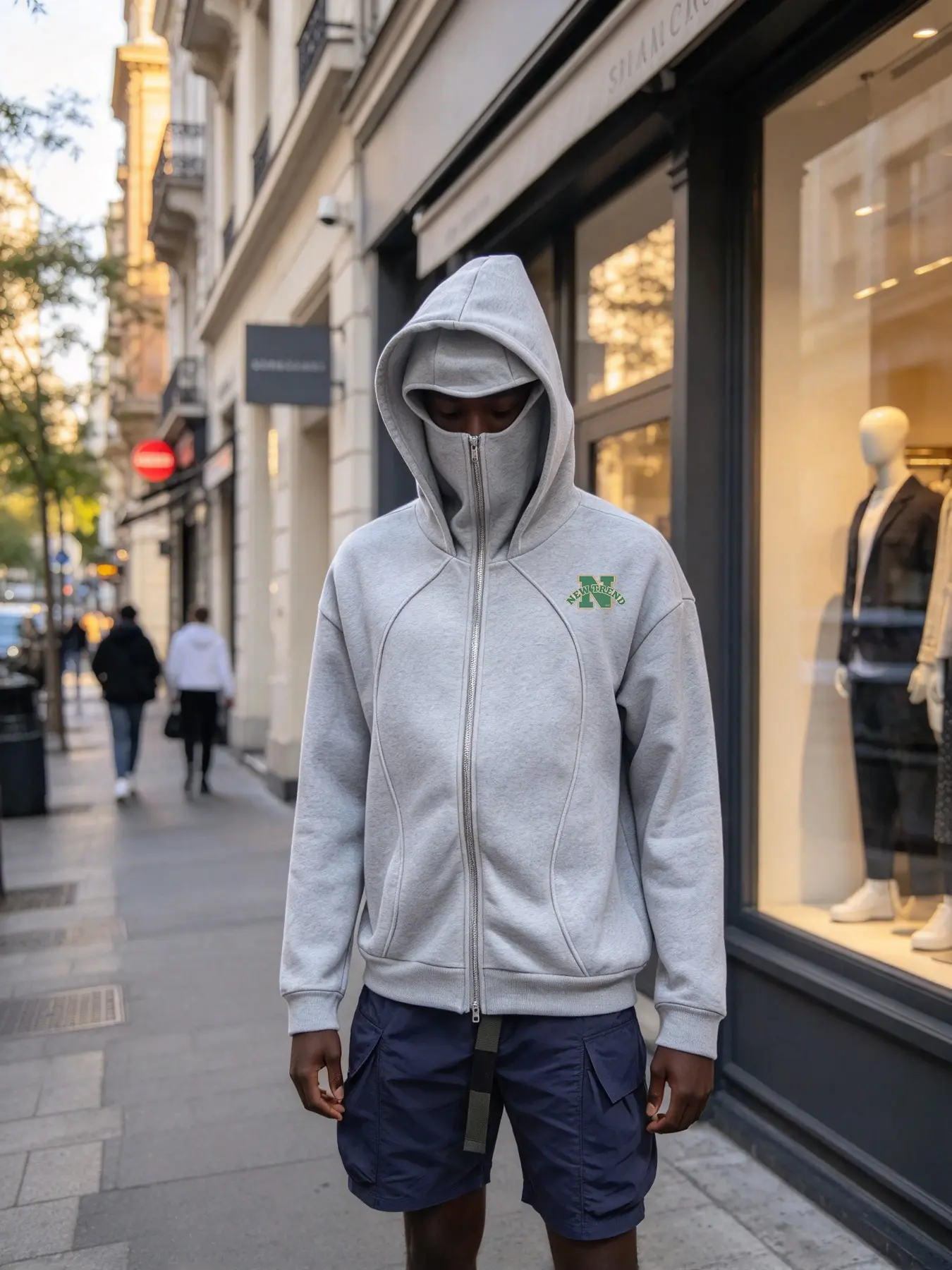 2026 New Functional Style Balaclava Mask Sweatshirt for Men, American High Street Ninja Mask Full Zip Letter N Print Jacket