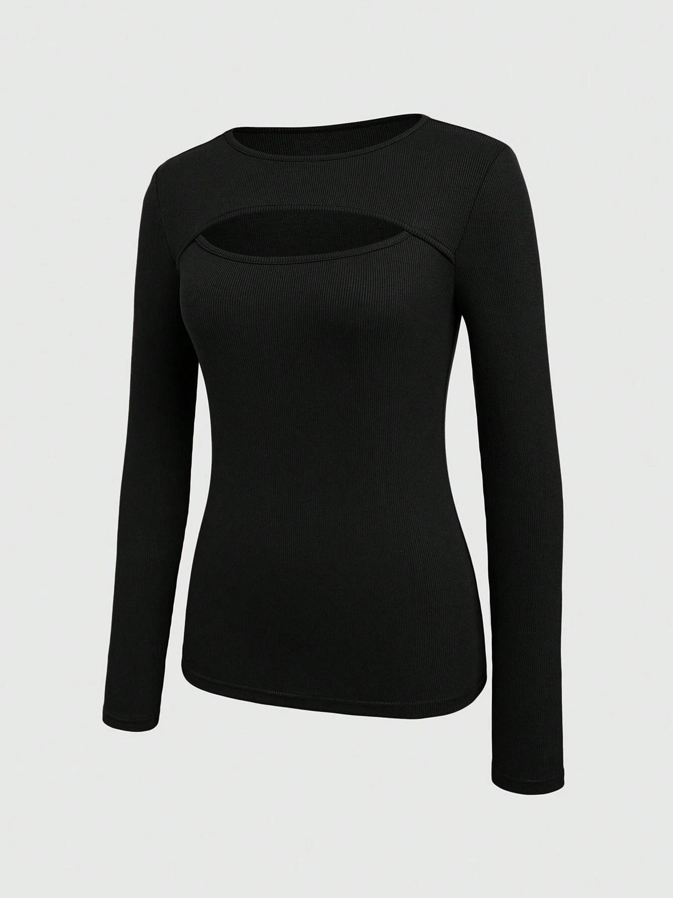 Women's Plain Cut Out Round Neck Ribbed Slim Tee, Elegant Long Sleeve Crew Neck T-shirt for Spring & Fall, Women's Top for Daily Wear