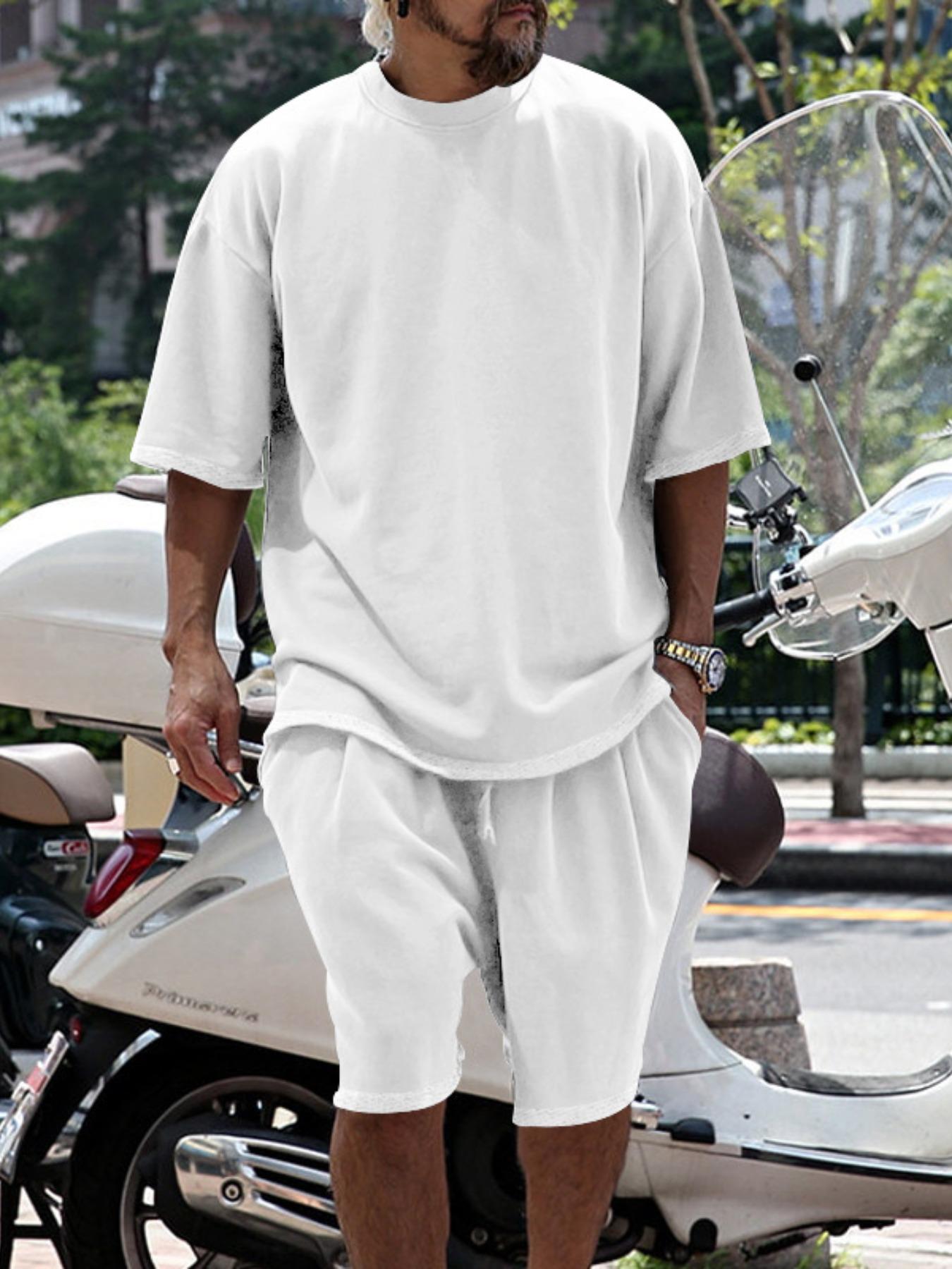 Men's Summer Casual Set, Pure Color Round Neck Short Sleeve Knit Tee & Shorts, Classic Loose Fit Sportswear, Comfortable Daily Wear Outfit Men's Summer Casual Set, Pure Color Round Neck Short Sleeve Knit Tee & Shorts, Classic Loose Fit Sportswear, Comfortable Daily Wear Outfit