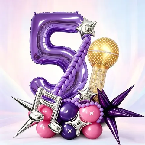 K-Pop Music Theme Balloon Set, Balloon Party Supplies, including 32-Inch Aluminum Balloons, gold microphone, silver music note foil balloons, suitable for music-themed birthday party, hot girl style party, music festival events, retro disco party