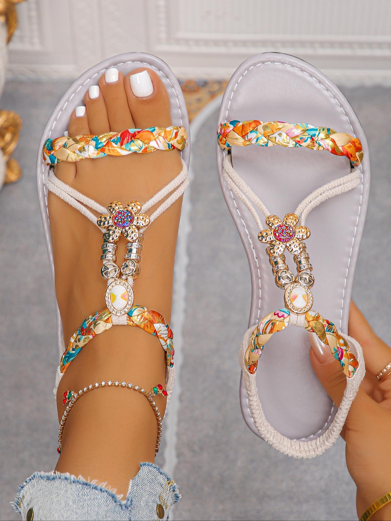 Women's Fashion Ethnic Style Woven Sandals in Suede, Comfortable Ankle Strap with Multi-Colored Patterns for Summer Casual Wear