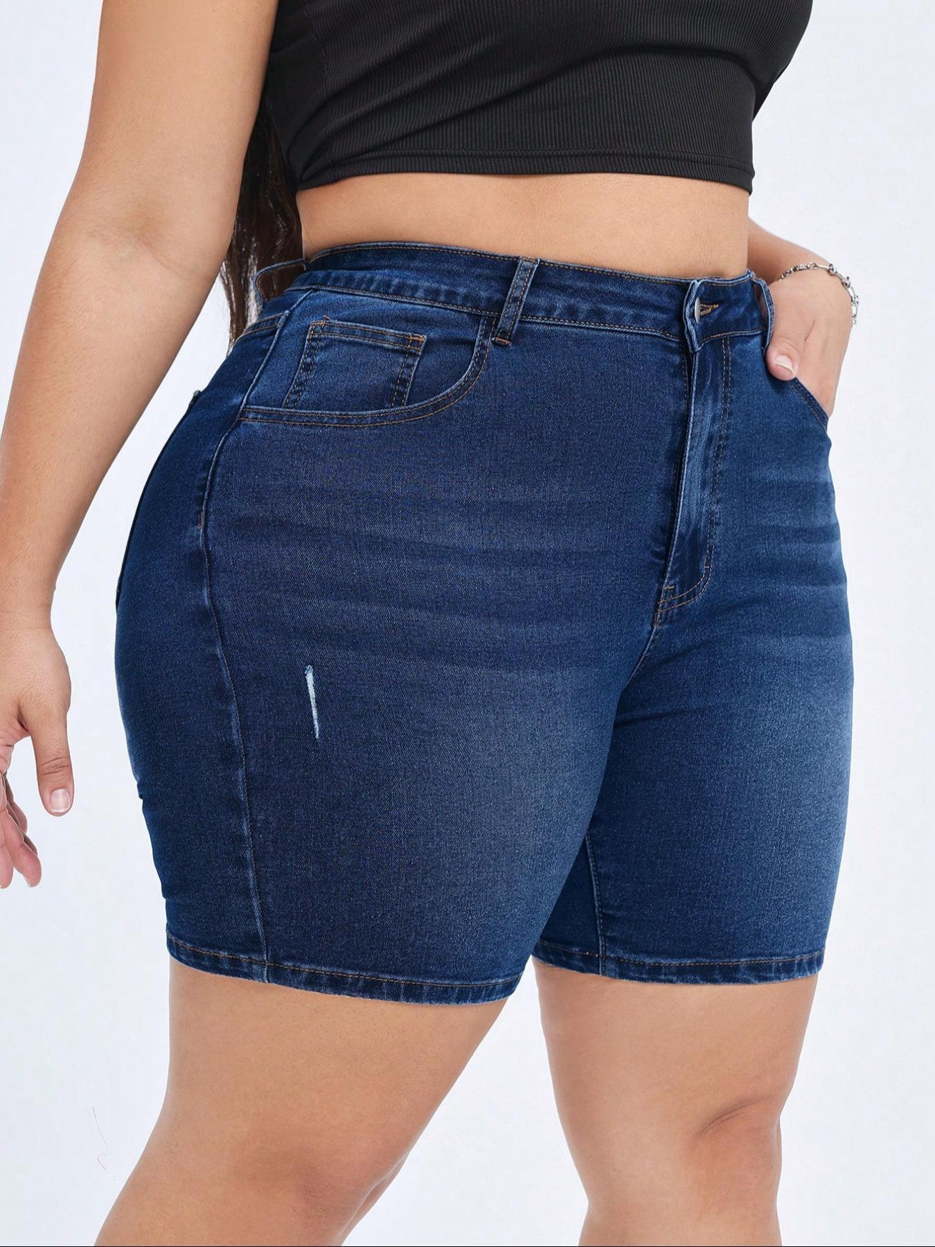 【Plus Size】 Women's High Waist Ripped Stretch Denim Mom Shorts, Casual Comfy Skinny Shorts for Daily Wear, Women's Bottoms for Summer
