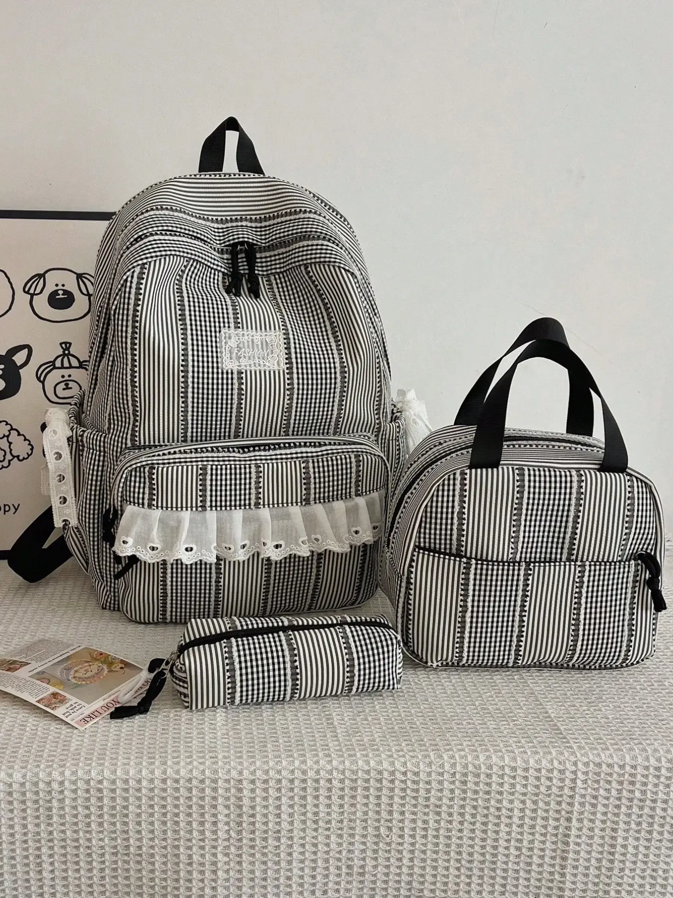 Vintage Cottagecore Lace Trim Aesthetic Large Capacity Student School Backpack Handbag Pencil Case Combo, 3Pcs Black White Plaid Striped Backpack Set, Kawaii Coquette Daily Travel Bag Teen Girls Back To School Essential Rucksack Outdoor Weekend Travel Bag