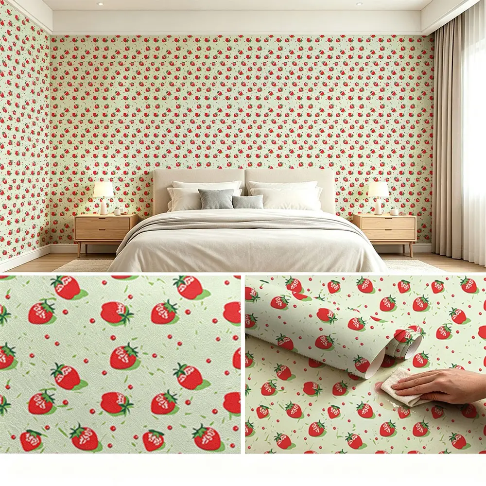 Strawberry Pattern Wallpaper Roll, Light Base, PVC Material, Peel-And-Stick, Ideal for Kitchen/living Room/bedroom Decor