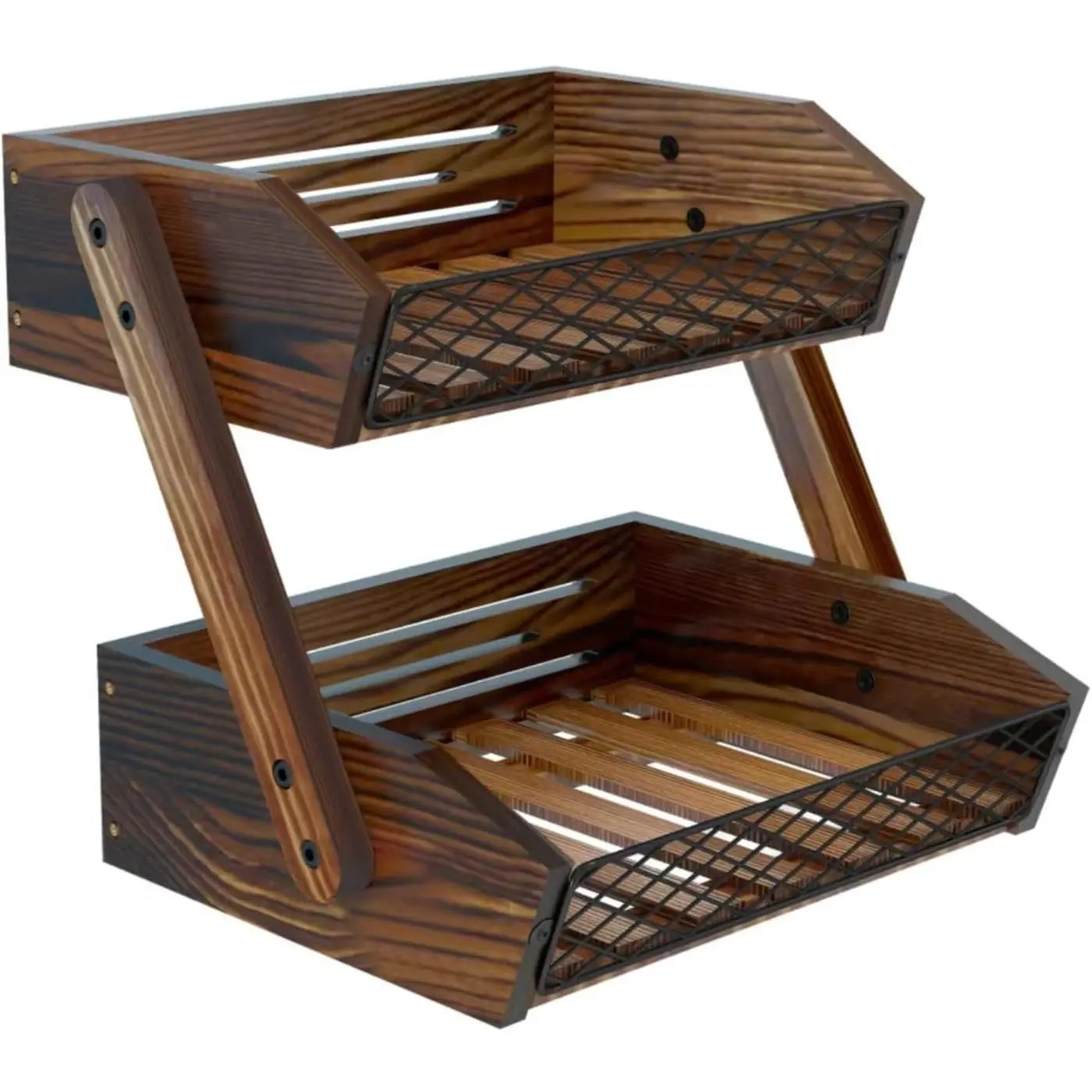 2-Tier Rustic Brown Wood Fruit Basket Stand for Kitchen Countertop, Vegetable Holder & Bread Display Rack, Organizer Shelf for Snacks, Onions, Bananas, PotatoesGift
