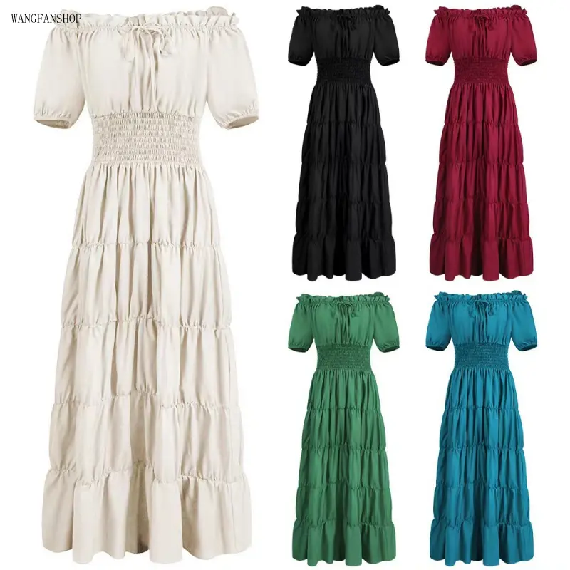 Women Medieval Renaissance Gothic Long Dress, Short Sleeve Smocked Waist Irish Peasant Wench Retro Gown, Lightweight Halloween Party Costume for Vacation Beach Summer Outfits,Touch,Screen,Fleece Winter Set,wearable,tech,accessory