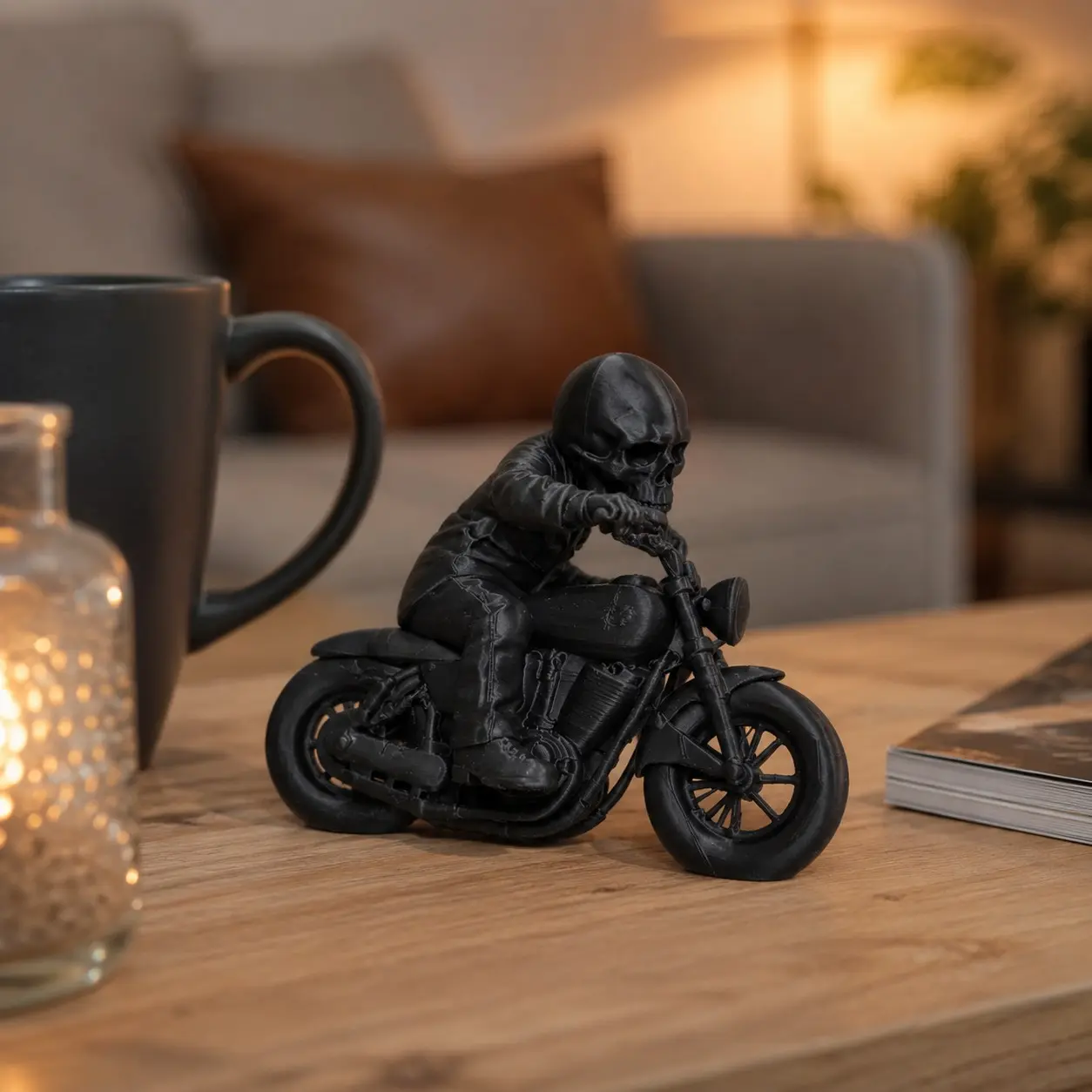 3D Printed Skull Knight Motorcycle Ornament, Gothic Home Office Decor, Desktop Decoration, Creative Gift for Men, Halloween Christmas Present