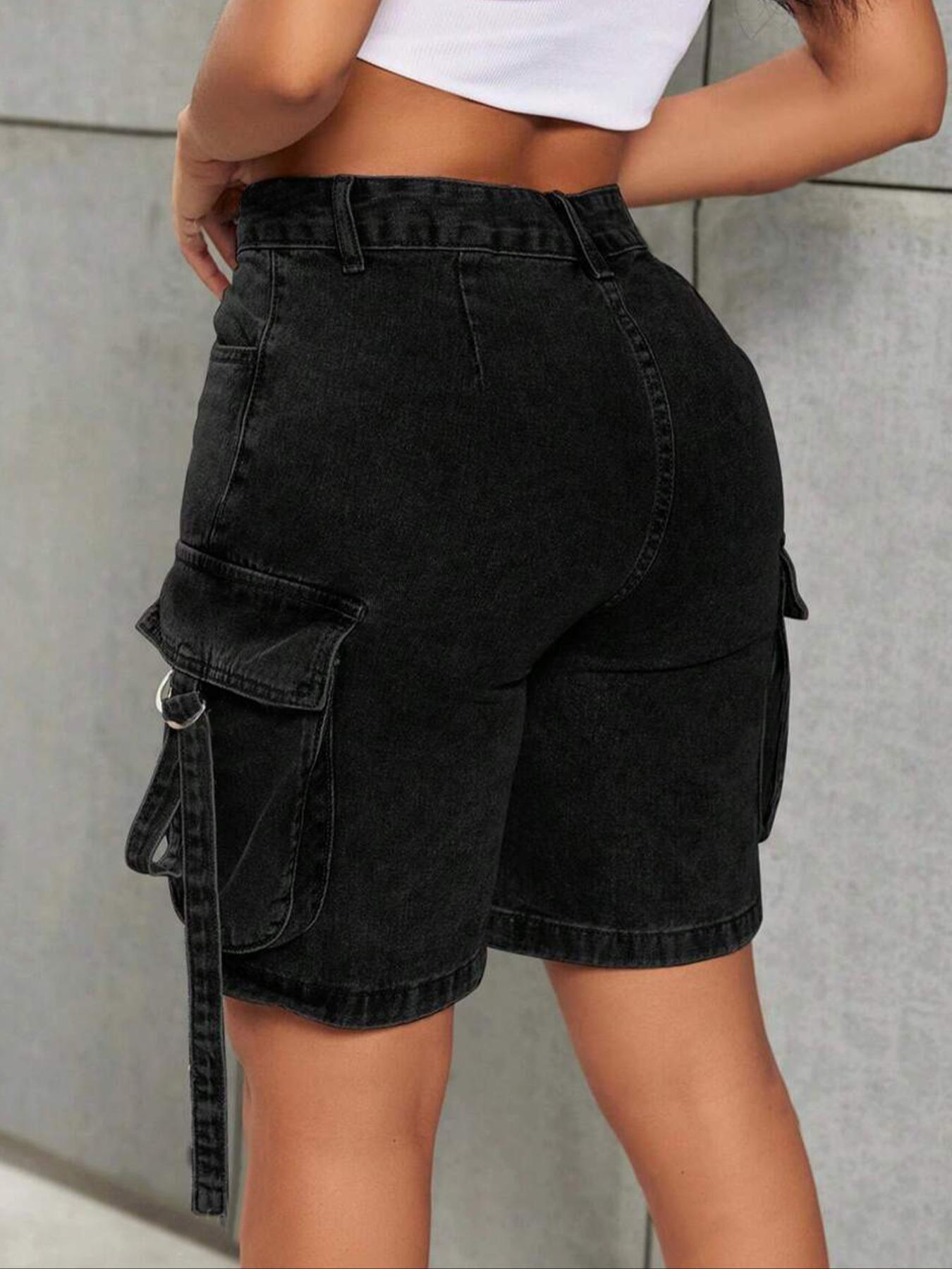 Women's Washed Denim Cargo Pocket Shorts - Y2K Functional Street Style - Comfortable Stretchy Fitted Fabric with Tummy Control Women's Washed Denim Cargo Pocket Shorts - Y2K Functional Street Style - Comfortable Stretchy Fitted Fabric with Tummy Control