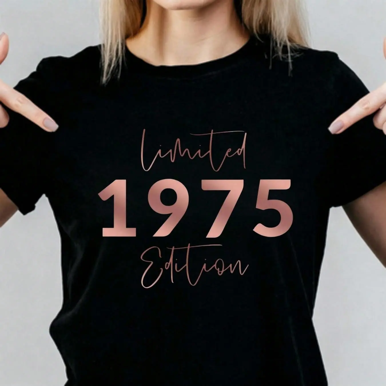 Limited Edition 1975 Birthday T-Shirt Black Rose Gold Print Women Casual Wear Anniversary Gift For Her
