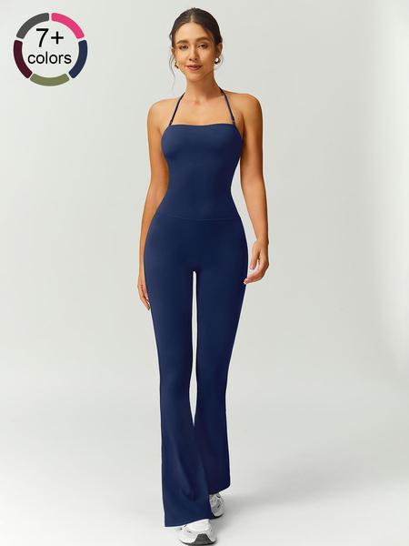 Women's Solid Color Flare Leg Sports Jumpsuit, Casual Comfy Breathable Jumpsuit for Yoga Gym Workout, Ladies Sportswear for Summer, Sporty Jumpsuit