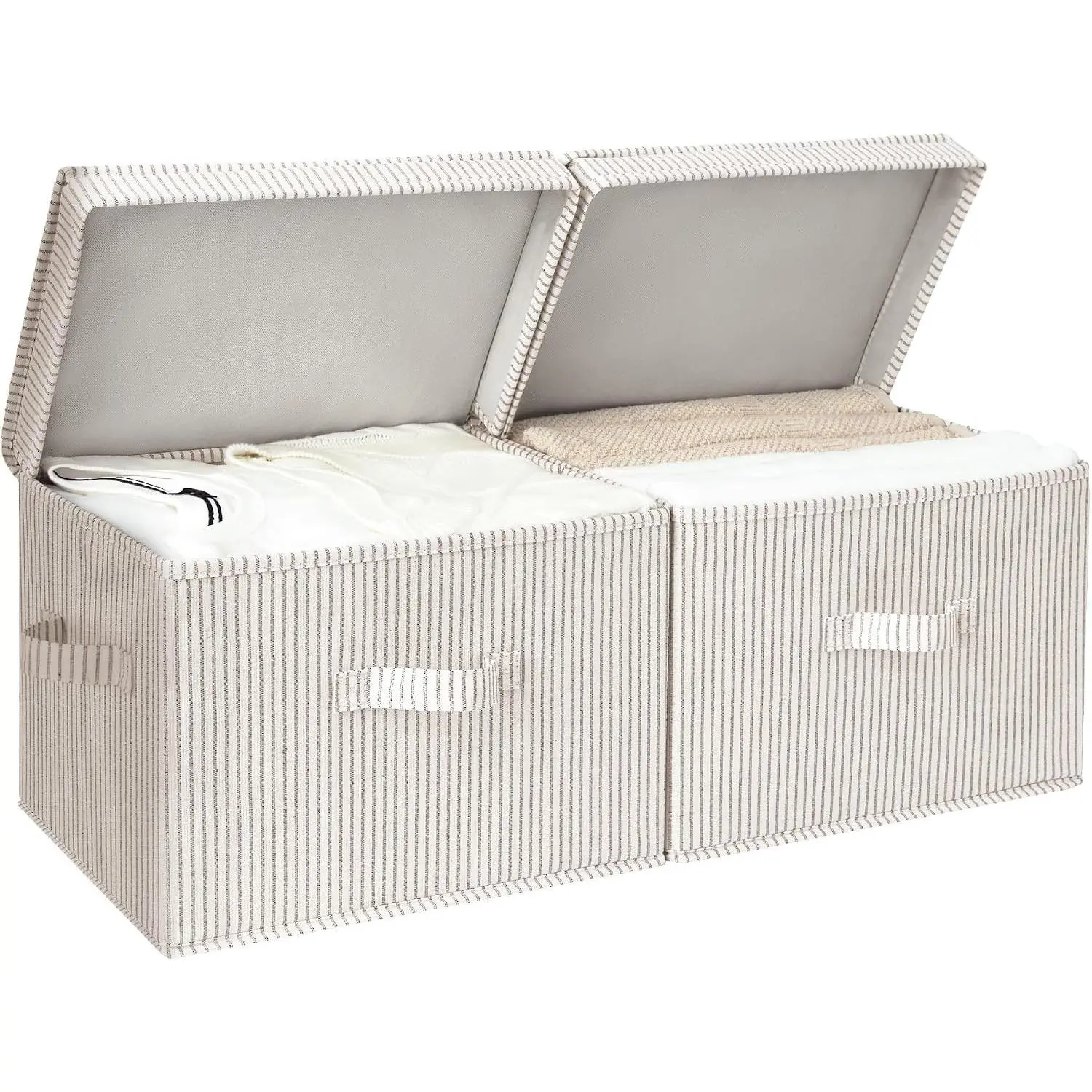 Fabric Storage Bins with Lid, Decorative Storage Boxes for Shelves, Stackable Closet Organizer Basket with Handles, Large, Khaki and Beige Stripes, 2-Pack