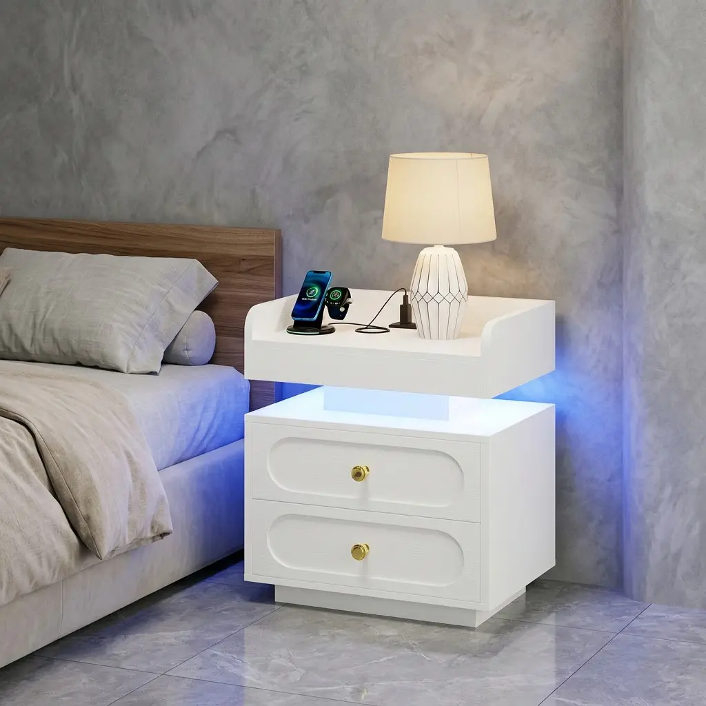 White Black Floating Nightstand Set 1/2 Pack with Gold Handles & Rounded Corners, Dimmable LED Lights, Built-in 2 AC Outlets & 2 USB Charging Station, 2 Smooth Glide Drawers MDF Modern Bedside End Side Table for Bedroom Living Room Home Decor