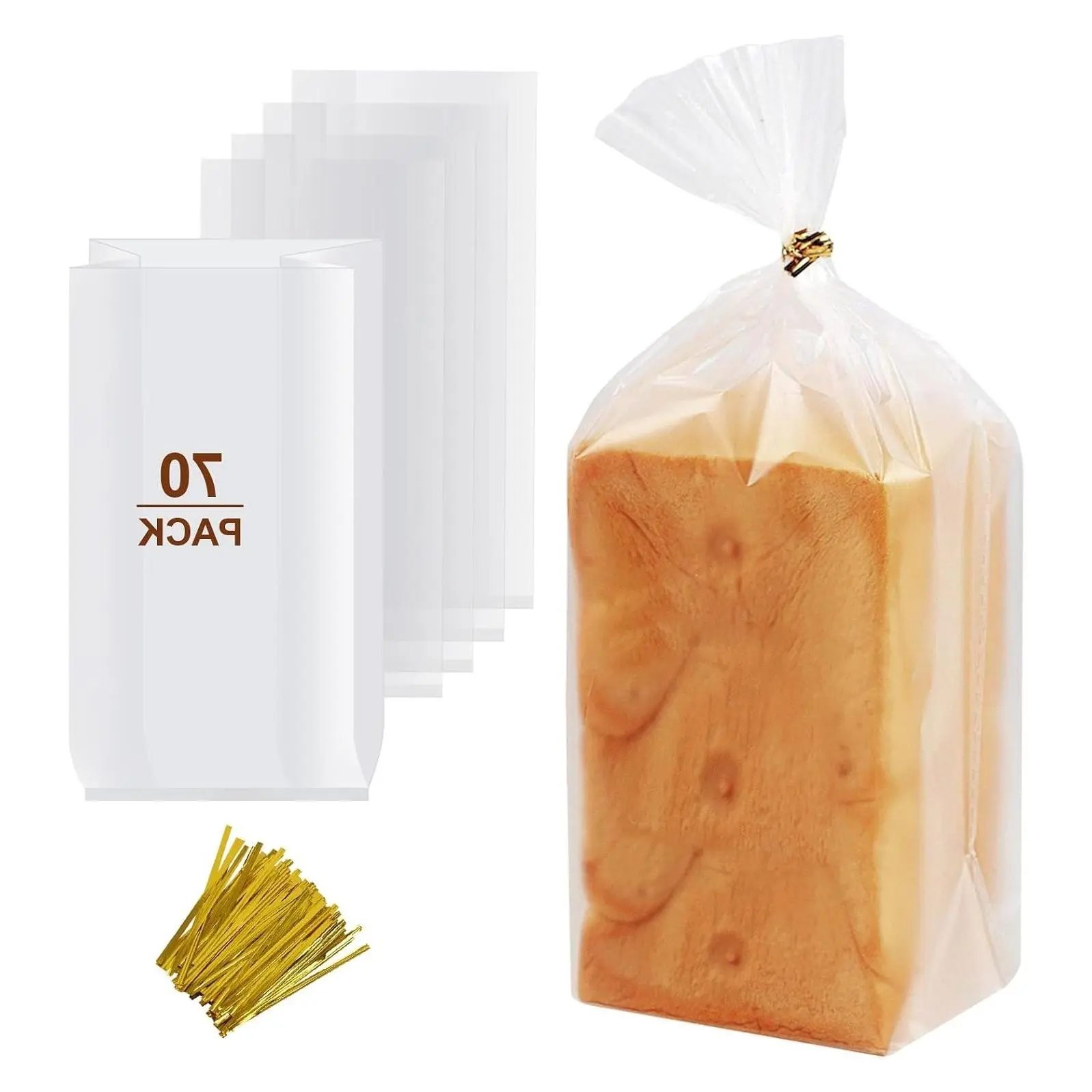 70 Pack 8" x 4" x 18" Clear Bread Bags with 100 Ties, Reusable Plastic Storage Bags for Homemade Bread, Bakers & BakeryGift