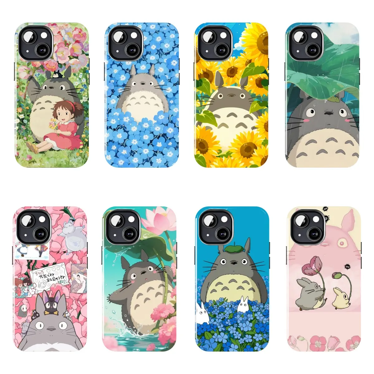 Totoro cartoon phone case, featuring sunflower, pink rose, blue flowers, lotus leaves, and a girl in the rain with a cartoon floral background print. Durable and shockproof, suitable for iPhone 11–17 Pro Max/Plus series and Samsung Galaxy S23–S25 series.